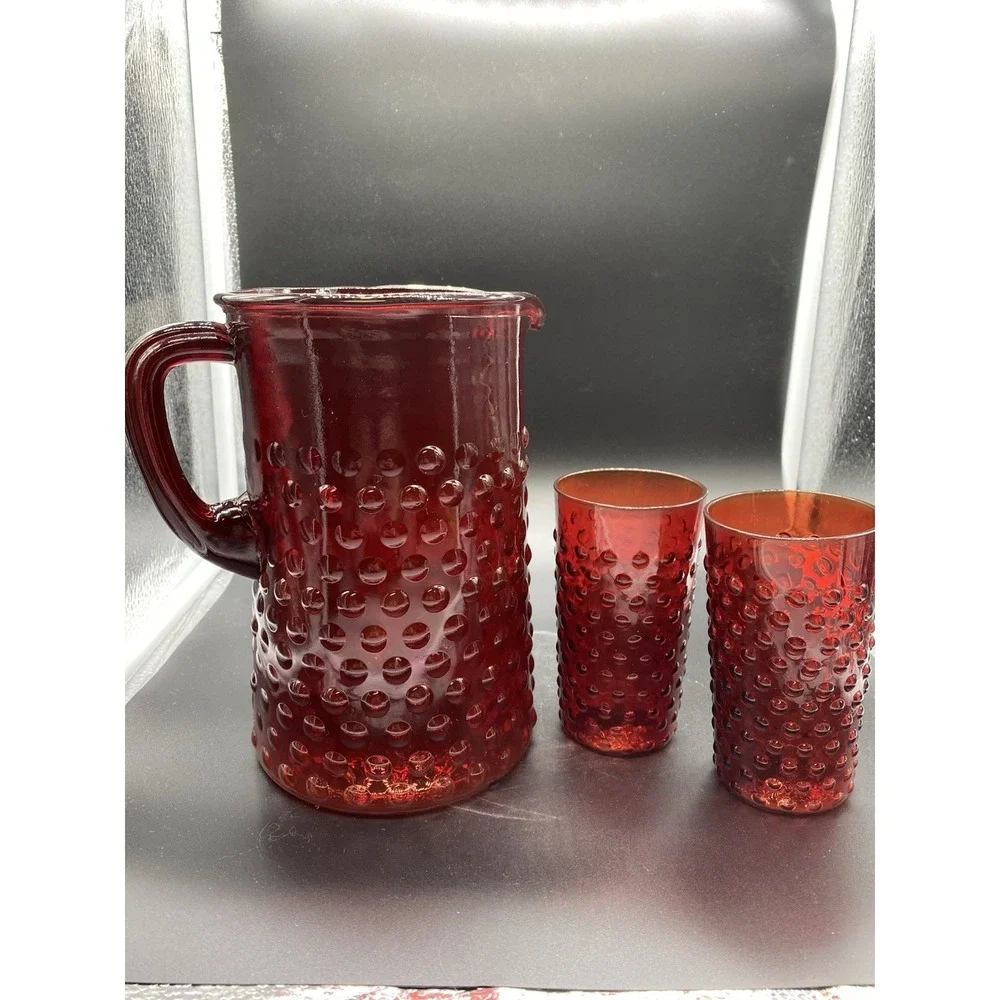 Vintage Ruby Red Hobnail Glass Pitcher and‎ 2 Tumbler Set Mid Century